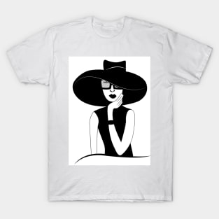 Black and white illustration of fancy lady in a hat T-Shirt